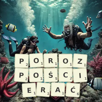 Kreatywna ilustracja do gry w Scrabble ze słowem POROZPOŚCIERAĆ ułożonym z płytek na planszy.
