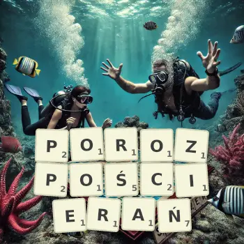 Kreatywna ilustracja do gry w Scrabble ze słowem POROZPOŚCIERAŃ ułożonym z płytek na planszy.