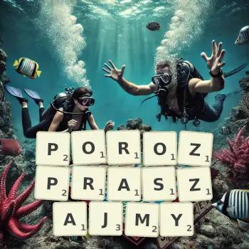 Kreatywna ilustracja do gry w Scrabble ze słowem POROZPRASZAJMY ułożonym z płytek na planszy.