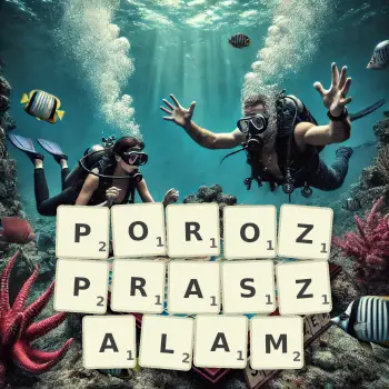 Kreatywna ilustracja do gry w Scrabble ze słowem POROZPRASZALAM ułożonym z płytek na planszy.