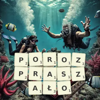 Kreatywna ilustracja do gry w Scrabble ze słowem POROZPRASZAŁO ułożonym z płytek na planszy.
