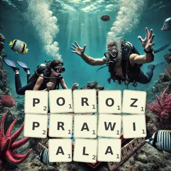 Kreatywna ilustracja do gry w Scrabble ze słowem POROZPRAWIALA ułożonym z płytek na planszy.