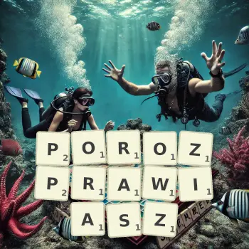 Kreatywna ilustracja do gry w Scrabble ze słowem POROZPRAWIASZ ułożonym z płytek na planszy.