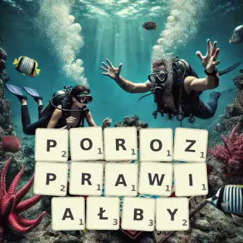 Kreatywna ilustracja do gry w Scrabble ze słowem POROZPRAWIAŁBY ułożonym z płytek na planszy.
