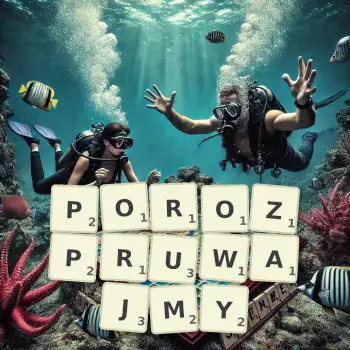 Kreatywna ilustracja do gry w Scrabble ze słowem POROZPRUWAJMY ułożonym z płytek na planszy.