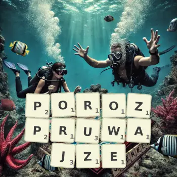 Kreatywna ilustracja do gry w Scrabble ze słowem POROZPRUWAJZE ułożonym z płytek na planszy.