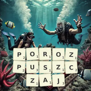 Kreatywna ilustracja do gry w Scrabble ze słowem POROZPUSZCZAJ ułożonym z płytek na planszy.