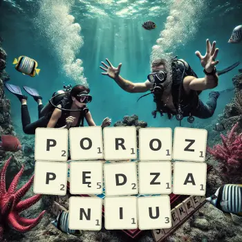 Kreatywna ilustracja do gry w Scrabble ze słowem POROZPĘDZANIU ułożonym z płytek na planszy.
