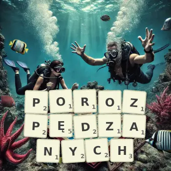 Kreatywna ilustracja do gry w Scrabble ze słowem POROZPĘDZANYCH ułożonym z płytek na planszy.