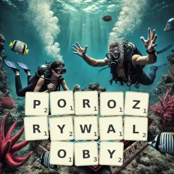 Kreatywna ilustracja do gry w Scrabble ze słowem POROZRYWALOBY ułożonym z płytek na planszy.