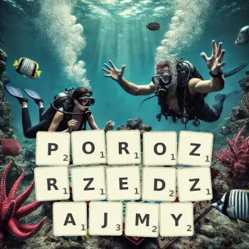 Kreatywna ilustracja do gry w Scrabble ze słowem POROZRZEDZAJMY ułożonym z płytek na planszy.