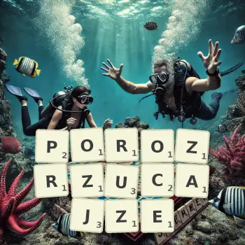 Kreatywna ilustracja do gry w Scrabble ze słowem POROZRZUCAJZE ułożonym z płytek na planszy.