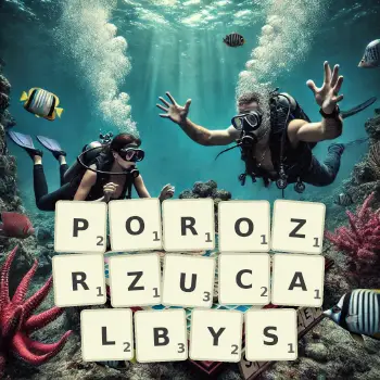 Kreatywna ilustracja do gry w Scrabble ze słowem POROZRZUCALBYS ułożonym z płytek na planszy.