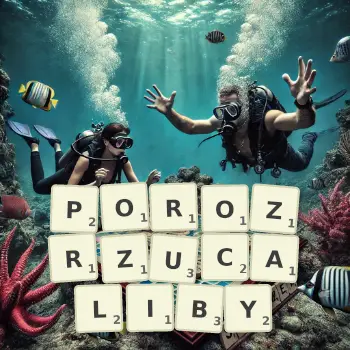 Kreatywna ilustracja do gry w Scrabble ze słowem POROZRZUCALIBY ułożonym z płytek na planszy.