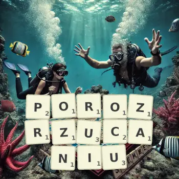 Kreatywna ilustracja do gry w Scrabble ze słowem POROZRZUCANIU ułożonym z płytek na planszy.