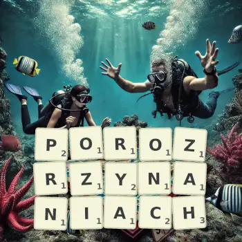 Kreatywna ilustracja do gry w Scrabble ze słowem POROZRZYNANIACH ułożonym z płytek na planszy.