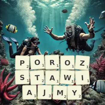 Kreatywna ilustracja do gry w Scrabble ze słowem POROZSTAWIAJMY ułożonym z płytek na planszy.