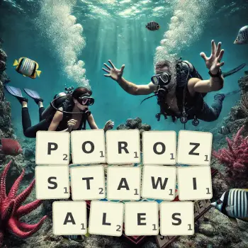 Kreatywna ilustracja do gry w Scrabble ze słowem POROZSTAWIALES ułożonym z płytek na planszy.