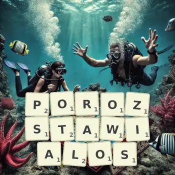 Kreatywna ilustracja do gry w Scrabble ze słowem POROZSTAWIALOS ułożonym z płytek na planszy.