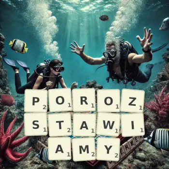 Kreatywna ilustracja do gry w Scrabble ze słowem POROZSTAWIAMY ułożonym z płytek na planszy.