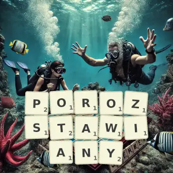 Kreatywna ilustracja do gry w Scrabble ze słowem POROZSTAWIANY ułożonym z płytek na planszy.