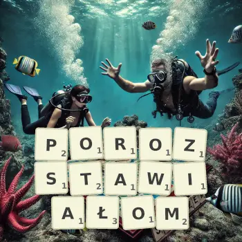 Kreatywna ilustracja do gry w Scrabble ze słowem POROZSTAWIAŁOM ułożonym z płytek na planszy.
