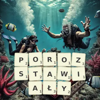 Kreatywna ilustracja do gry w Scrabble ze słowem POROZSTAWIAŁY ułożonym z płytek na planszy.