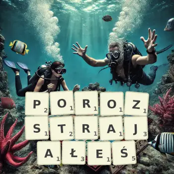 Kreatywna ilustracja do gry w Scrabble ze słowem POROZSTRAJAŁEŚ ułożonym z płytek na planszy.