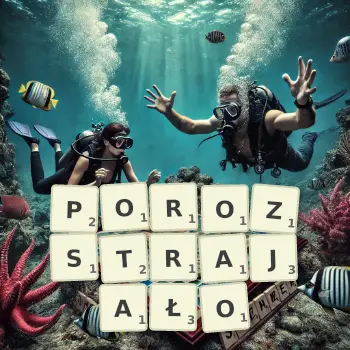 Kreatywna ilustracja do gry w Scrabble ze słowem POROZSTRAJAŁO ułożonym z płytek na planszy.