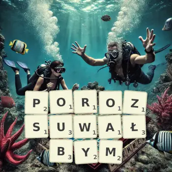 Kreatywna ilustracja do gry w Scrabble ze słowem POROZSUWAŁBYM ułożonym z płytek na planszy.