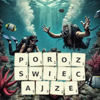 Kreatywna ilustracja do gry w Scrabble ze słowem POROZSWIECAJZE ułożonym z płytek na planszy.