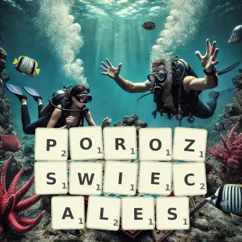 Kreatywna ilustracja do gry w Scrabble ze słowem POROZSWIECALES ułożonym z płytek na planszy.