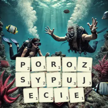Kreatywna ilustracja do gry w Scrabble ze słowem POROZSYPUJECIE ułożonym z płytek na planszy.