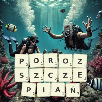 Kreatywna ilustracja do gry w Scrabble ze słowem POROZSZCZEPIAŃ ułożonym z płytek na planszy.