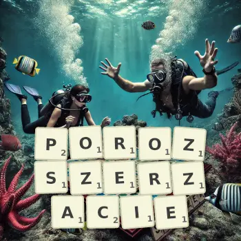 Kreatywna ilustracja do gry w Scrabble ze słowem POROZSZERZACIE ułożonym z płytek na planszy.