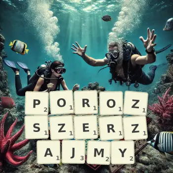 Kreatywna ilustracja do gry w Scrabble ze słowem POROZSZERZAJMY ułożonym z płytek na planszy.