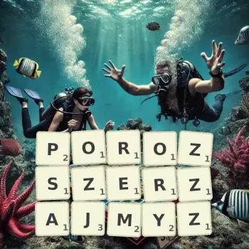 Kreatywna ilustracja do gry w Scrabble ze słowem POROZSZERZAJMYZ ułożonym z płytek na planszy.