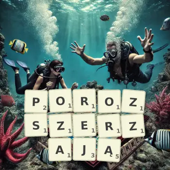 Kreatywna ilustracja do gry w Scrabble ze słowem POROZSZERZAJĄ ułożonym z płytek na planszy.