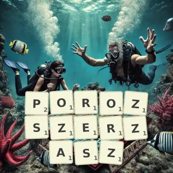 Kreatywna ilustracja do gry w Scrabble ze słowem POROZSZERZASZ ułożonym z płytek na planszy.