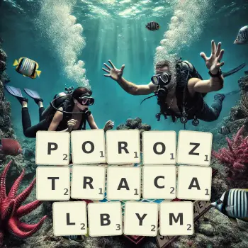 Kreatywna ilustracja do gry w Scrabble ze słowem POROZTRACALBYM ułożonym z płytek na planszy.