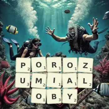 Kreatywna ilustracja do gry w Scrabble ze słowem POROZUMIALOBY ułożonym z płytek na planszy.