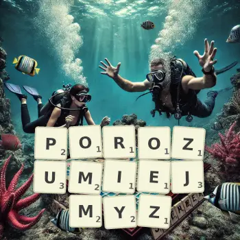 Kreatywna ilustracja do gry w Scrabble ze słowem POROZUMIEJMYZ ułożonym z płytek na planszy.