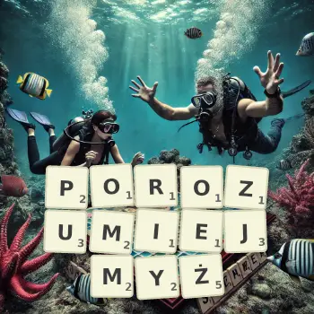 Kreatywna ilustracja do gry w Scrabble ze słowem POROZUMIEJMYŻ ułożonym z płytek na planszy.
