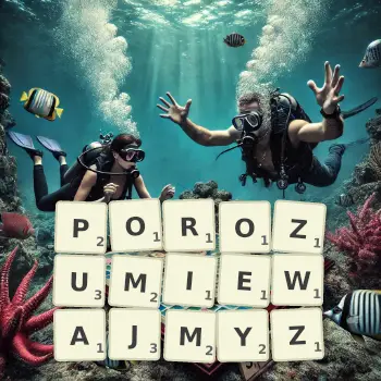 Kreatywna ilustracja do gry w Scrabble ze słowem POROZUMIEWAJMYZ ułożonym z płytek na planszy.