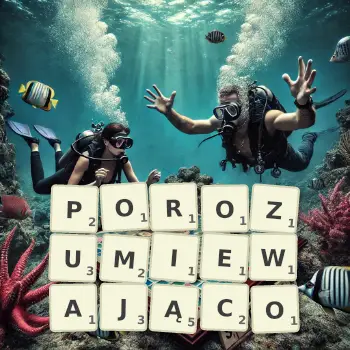 Kreatywna ilustracja do gry w Scrabble ze słowem POROZUMIEWAJĄCO ułożonym z płytek na planszy.