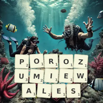 Kreatywna ilustracja do gry w Scrabble ze słowem POROZUMIEWALES ułożonym z płytek na planszy.