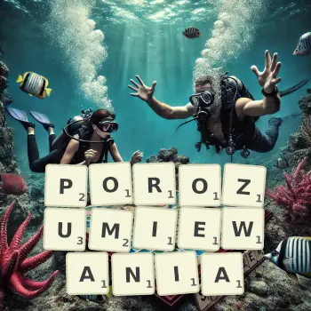 Kreatywna ilustracja do gry w Scrabble ze słowem POROZUMIEWANIA ułożonym z płytek na planszy.