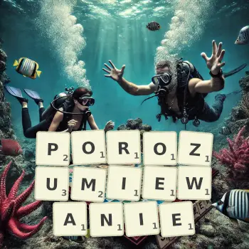 Kreatywna ilustracja do gry w Scrabble ze słowem POROZUMIEWANIE ułożonym z płytek na planszy.