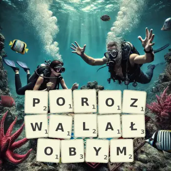 Kreatywna ilustracja do gry w Scrabble ze słowem POROZWALAŁOBYM ułożonym z płytek na planszy.
