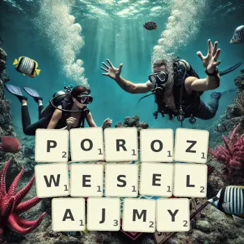 Kreatywna ilustracja do gry w Scrabble ze słowem POROZWESELAJMY ułożonym z płytek na planszy.